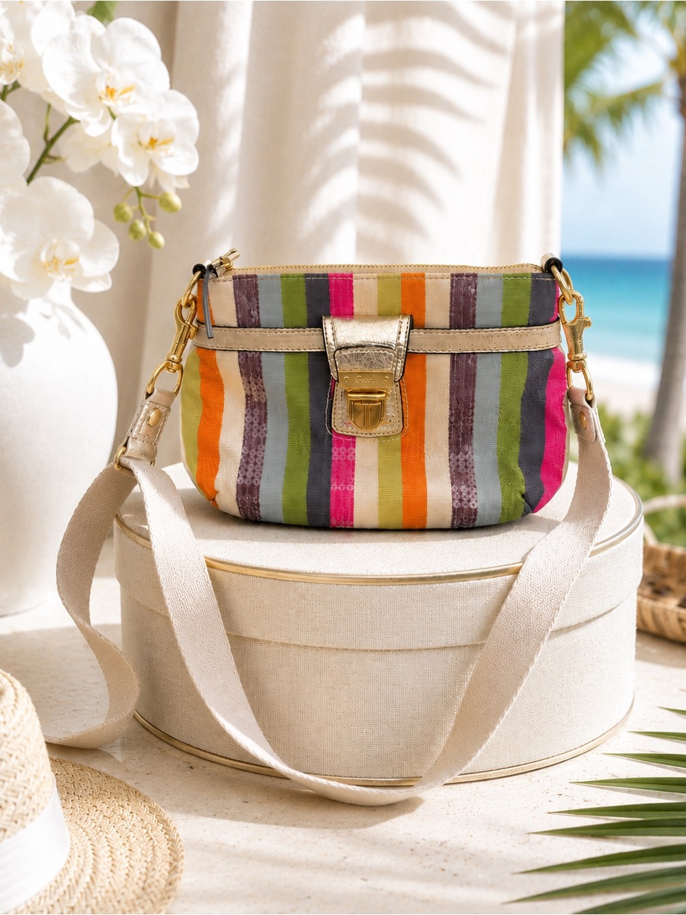 COACH Legacy Stripe Sequin Crossbody | Multicolor Canvas | Metallic Gold Accents